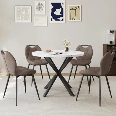 Produktbild von Essgruppe Runder Esstisch 100 cm mit 4 Polsterstühlen Nordischer Stil Marmormuster Braun
