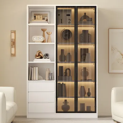 Produktbild von Merax Vitrine mit 2 Glastüren und 3 Schubladen, Hochschrank mit LED-Beleuchtung, Weinschrank mit verstellbarem Einlegeboden, Küche Wohnzimmer, Weiß