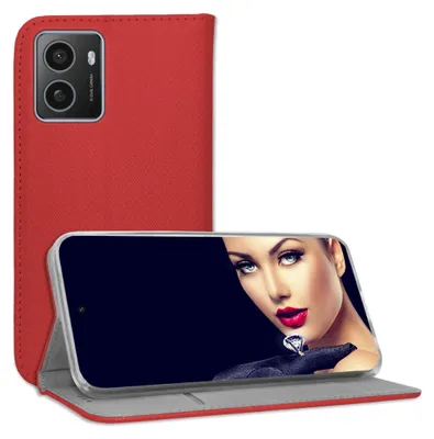 A red book-style phone case is shown open, with a smartphone displaying an image of a woman's face.