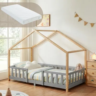Produktbild von Kinderbett 'Treviolo' mit Matratze und Rausfallschutz 90x200cm Hellgrau / Weiß