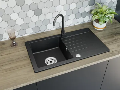 Produktbild von [Granitspüle 76x44 in verschiedenen Farben] Hochwertig beidseitig Montierbar Küchenspüle Eckig Einbaugranitspüle Granit Spülbecken f. Unterschränke ab 45 cm inkl.Siphon Set, Farben:Schwarz gesprenkelt