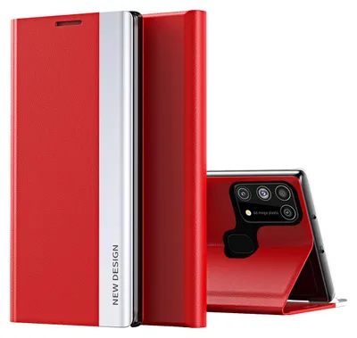 A red flip case for a smartphone is shown standing upright, with a smartphone inside the case visible from the back.
