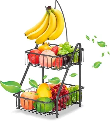 Productafbeelding van Famanu fruitmand met 2 niveaus en bananenhanger – metalen fruitschaal voor aanrecht (zwart)
