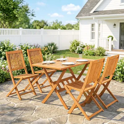 Produktbild von Gartenmöbel Set Akazienholz klappbar, Sitzgruppe 5-teilig Lamellendesign, Holz Gartenset Naturholz | 120x70x75 cm | 4 Klappstühle + Tisch | 11 kg