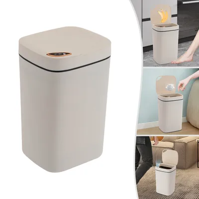 Collage showing a beige automatic sensor trash can in different settings and use cases.