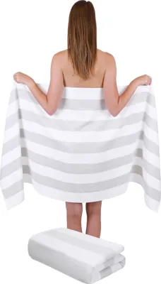 Produktbild von Betz 2 Stück XXL Saunatücher 70 x 180 cm STREIFEN BERLIN Badetuch 100% Baumwolle Farbe – weiss/silbergrau