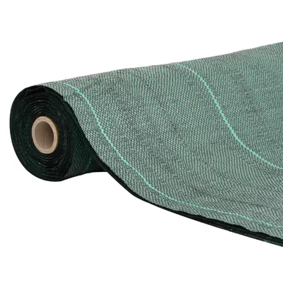 A roll of green landscape fabric with light blue grid lines, shown diagonally against a white background.
