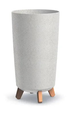A tall, speckled white planter pot with three wooden legs.