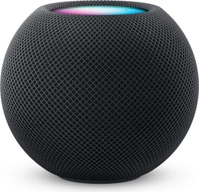 A dark grey, spherical smart speaker with a mesh exterior and a colorful light display on top.