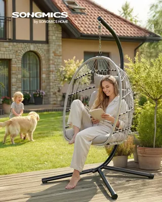 Produktbild von SONGMICS Schaukelstuhl mit Gestell, klappbarer Korbsessel höhenverstellbar, Hängeschaukel für Garten Balkon, Kissen, weiß