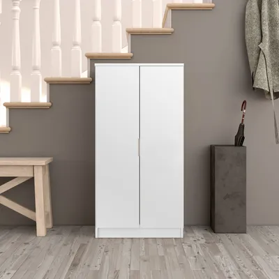 Produktbild von Multifunktions-Kleiderschrank mit zwei Türen mit sechs Einlegeböden, Farbe Weiß, Maße 55 x 108 x 36 cm