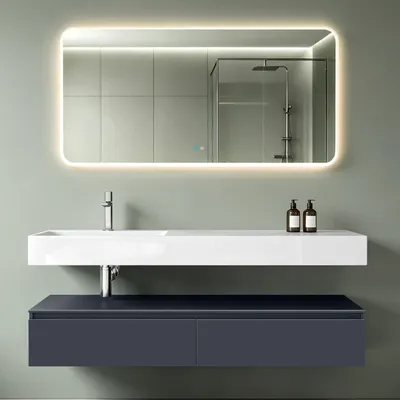 Produktbild von Mai & Mai Badmöbelset 150x48x25cm Unterschrank Anthrazit matt mit Soft-Close Schubladen inkl. Mineralguss-Waschbecken links in matt Weiß und LED-Badspiegel