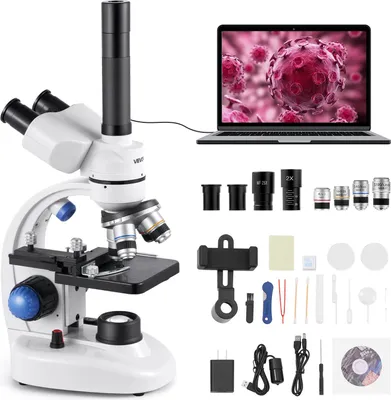 Image de Microscope trinoculaire pour adultes VEVOR, kit de microscope composé professionnel avec grossissement 40X-5000X, boîtier en alliage d'aluminium, lumière LED & support de téléphone inclus