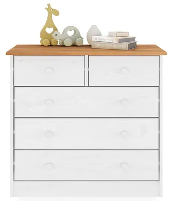 Produktbild von Kommode RONDO, schöne Anrichte mit 5 Schubladen, praktisches Sideboard aus massiver Kiefer in weiß/braun, zeitlose Schubladenkommode mit Holzgriffe