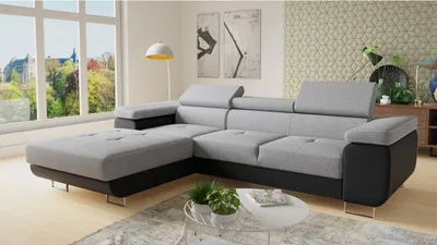 Produktbild von Ecksofa Divo mit einstellbare Kopfstützen und Schlaffunktion, Couchgarnitur, Sofagarnitur, Couch, Schlafsofa (Schwarz + Grau (Soft 011 + Sawana 21), Ecksofa Links)