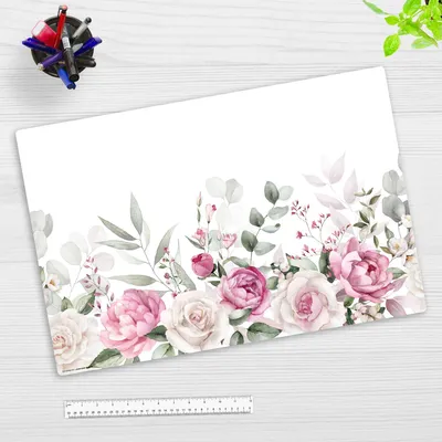 Produktbild von Schreibtischunterlage für Kinder und Erwachsene - Rosa Rosen und Salbei Aquarell - 60 x 40 cm - aus Premium Vinyl -  Germany
