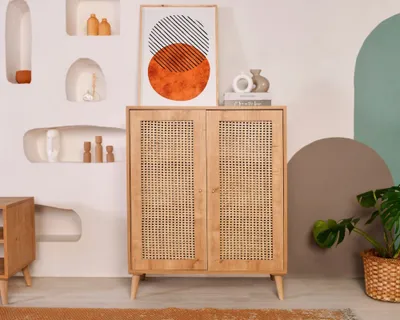 A wooden sideboard with rattan doors is placed in a room with decorative wall niches and abstract art.