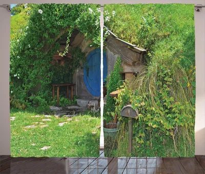 Produktbild von ABAKUHAUS Hobbit Rustikaler Gardine, Fantasie Iconisch Landhaus, Schlafzimmer Kräuselband Vorhang mit Schlaufen und Haken, 280 x 260 cm, Grün Blau und Kakao