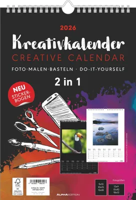 Produktbild von Alpha Edition - Kreativ-Kalender A4 2 in 1 Schwarz & Weiß 2026 - Bastelkalender (21×29,7 cm) mit beidseitigem Design & Platz für Fotos, ideal zum Malen, inkl. gestaltbarem Titelblatt