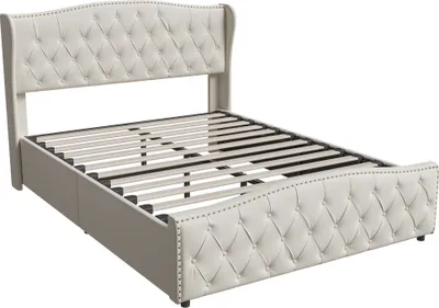 Image de Fortuna Lai Lit rembourré 160x200cm, Lit double avec espace de rangement, relevable hydrauliquement, avec sommier à lattes et espace de rangement, velours, beige