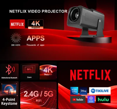 Produktbild von Mini-Smart-Projektor mit WLAN und Bluetooth, Full HD 1080P, unterstützt 4K, 15000 Lumen, Deckenmontage, 180° Drehung, tragbar Android TV 11.0