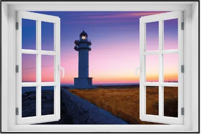 Produktbild von Wallario Wandbild mit Fenster-Illusion: Leuchtturm am Abend auf den Balearen Malerischer Himmel, Größe: 61 x 91,5 cm, Poster mit schwarzem Aluminiumrahmen