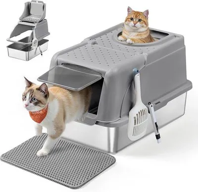 Produktbild von Große Katzentoilette mit Deckel, Schaufel, Bürste, 2 Eingängen, 15 kg, Grau
