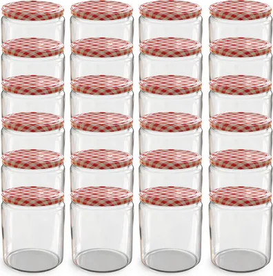 A grid of empty glass jars with red and white checkered lids.
