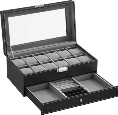 Obrázok produktu pre Krabička na hodinky Valora 12 JWB012G01V1 - Elegantná krabička na hodinky s 12 priehradkami, skleneným vekom a bezpečným uzáverom