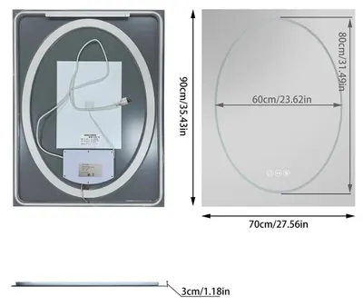 Obrázok produktu pre Inteligentné LED zrkadlo do kúpeľne – obdĺžnikový nástenný zrkadlo 70x90 cm – s nastaviteľným jastným podsvietením – s funkciou proti zamlievaniu – s dotykovým senzorom – IP44, 3000–6000K