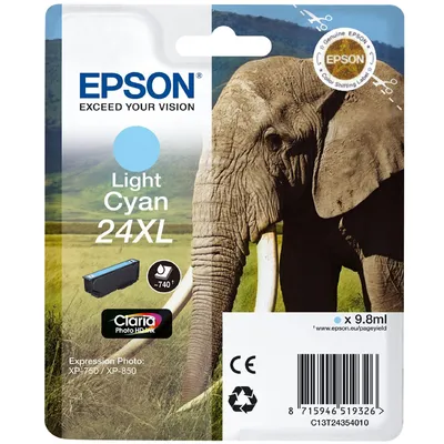 Obrázok produktu pre Epson Elephant Singlepack Light Cyan 24XL Claria Photo HD Ink, Svetlo azúrová, Atrament na pigmentovej báze, 1 kusov