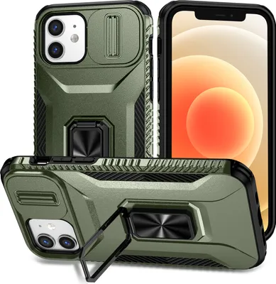 Image de Étui double couche pour iPhone 12 / iPhone 12 Pro étui de protection militaire avec protection coulissante de l'appareil photo et support d'anneau / stand vert