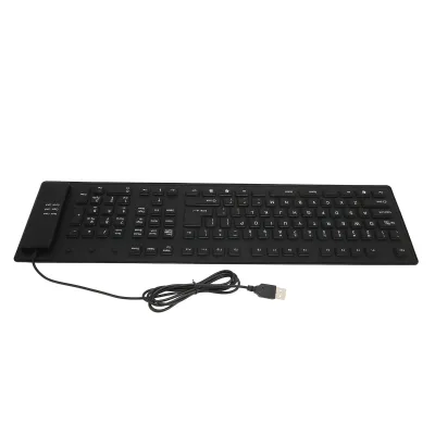 Obrázek produktu pro Skládací silikonová klávesnice 109 kláves – tichá, vodotěsná, prachotěsná, s kabelem USB, flexibilní klávesnice pro stolní počítače a notebooky, černá