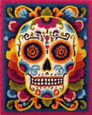 Imagen del producto de Kit para tejer alfombras "Hazlo tú mismo" con motivos de calaveras y flores. Kit de tejido para principiantes, kit para alfombras con lienzo estampado, regalo, 39x55 pulgadas