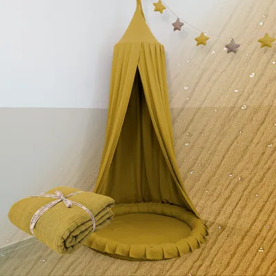 Produktbild von Baldachin Senfgelb mit Goldapplikation - Betthimmel für Kinderzimmer