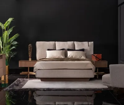Immagine prodotto di Elegante letto grigio con comodini in legno e tessuto