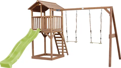 Produktbild von AXI Beach Tower Spielturm aus Holz in Braun | Spielhaus für Kinder mit hellgrüner Rutsche, Doppelschaukel und Sandkasten | Stelzenhaus für den Garten