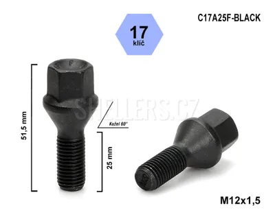 Obrázek produktu pro Kolový šroub M12x1,5x25 kuželový, klíč 17, C17A25F-BLACK, černý, výška 51,5 mm