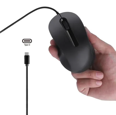 Obrázok produktu pre Káblová myš USB-C, tichá, optická, s káblom 150 cm, rozlíšenie 1000 DPI, 3 tlačidlá, ergonomická myš pre pravákov, čierna