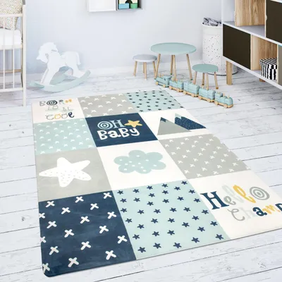 Produktbild von Kinderteppich Teppich Kinderzimmer Spielmatte Rauten Sterne Grau Blau Weiß Grösse 80x150 cm