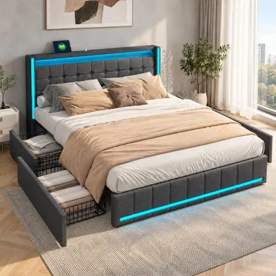 Produktbild von INONEFT Polsterbett 160x200cm mit 4 Schubladen, Jugendbett Doppelbett mit USB/Typ-C und LED, Stauraumbett Massivholzbett mit Lattenrost, Leinen, Grau