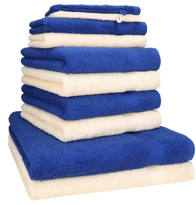 Produktbild von Betz 10-tlg. Handtuch-Set PREMIUM 2 Duschtücher 4 Handtücher 2 Gästetücher 2 Waschhandschuhe Farbe: royalblau & beige