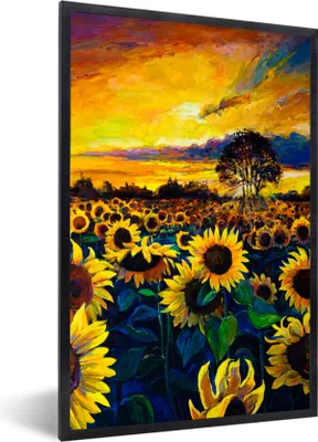 Produktbild von MuchoWow® Gerahmtes Poster Gemälde - Ölfarbe - Blumen - Sonnenblume 60x90 cm - Poster mit Schwarzem Bilderrahmen Wandposter Rahmen Foto Bilder - Kunst