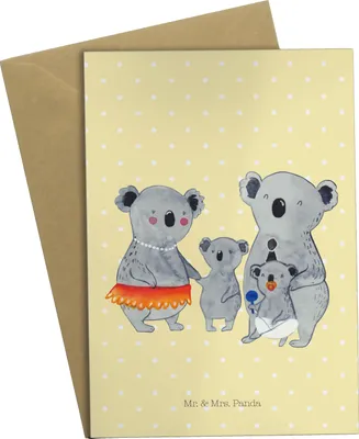 Produktbild von Mr. & Mrs. Panda Grußkarte Koala Familie - Gelb Pastell - Geschenk, Kinder, weihnachtskarten, osterkarte, Grußkarten, Koalas, einladungskarten, Muttertag, Mama, Family