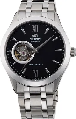 A close-up studio shot of a men's wristwatch with a black dial and silver metal band.