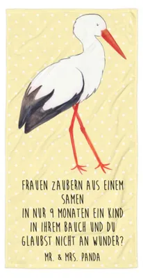 Produktbild von Mr. & Mrs. Panda Duschtuch Storch - Gelb Pastell - Geschenk, Schwangerschaft, Reisehandtuch, Strandtuch, Lustige Sprüche, Strandlaken, Baby, Großes Badehandtuch, Handtuch