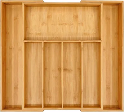 Produktbild von Bambus Schubladenorganizer 1 Stück, Erweiterbarer Besteckkasten 32–55 cm, Küchenutensilien Organizer Mit 5–7 Fächern