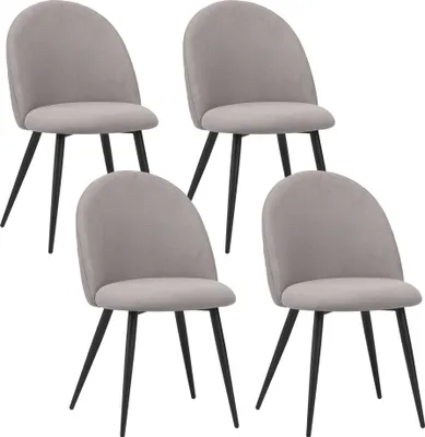 Four gray dining chairs with black legs are arranged in a grid formation against a white background.