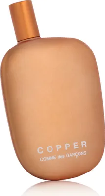 A copper-colored perfume bottle with a copper cap, set against a white background.