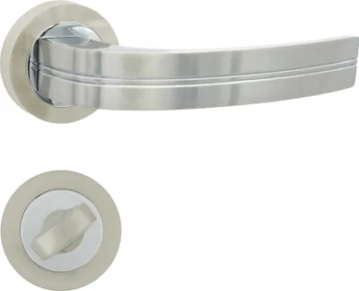 Produktbild von DOMINO Türgriff Drückergarnitur WC - Badezimmer Set | Rund-Rosette | Türbeschlag für Badezimmertüren | Set WC - Rosetten-Garnitur | Türklinke aus Aluminium | Chrom/Nickel Türdrückergarnitur | DEKAN-R M6/M9